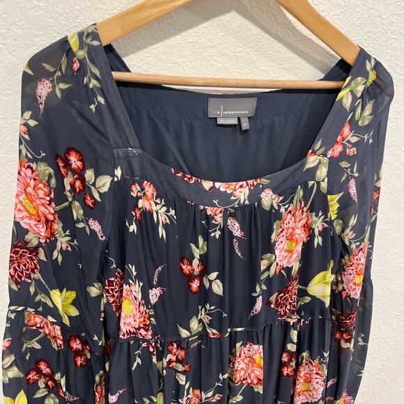 Anthropologie Gray Evelin Floral Tiered Maxi Dress Medium Sheer Long Sleeve - Picture 4 of 7